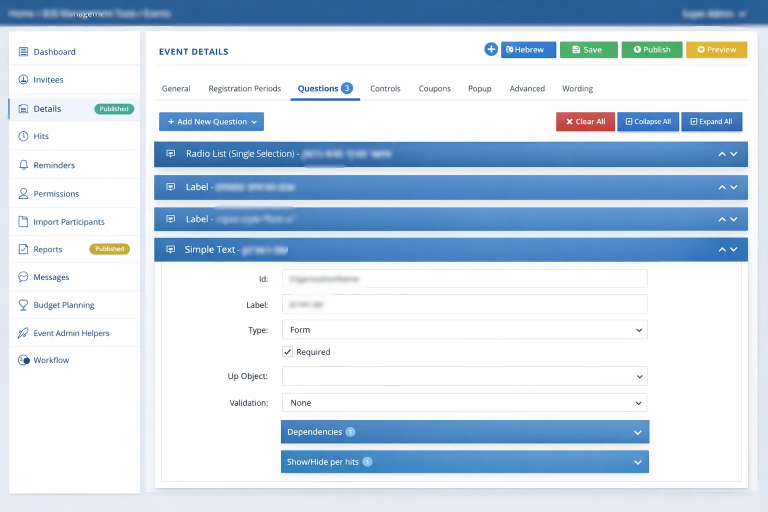 Create New Event — Set details, upload a banner, create questions and define item categories. — Events Management